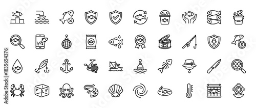 Fishing and seafood line icon set. Vector pictograms of fish, crab, shrimp, octopus, boat, hook, rod, reel, anchor, net, bucket and can, thin outline illustration.