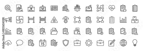 Business and management line icon set. vector pictograms of documents, charts, buildings, and planning tools, thin outline illustration.
