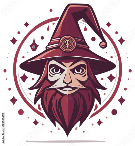 Wizard Portrait Illustration with Hat and Beard in a Decorative Circle