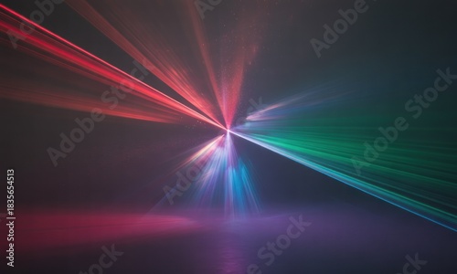 Intense red, green, blue light beams crisscross and radiate in a dark, hazy void