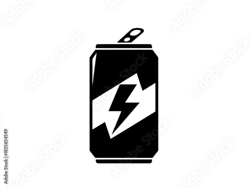 A black and white energy drink can with a black lightning bolt inside a white lightning bolt design in a simple vector illustration style