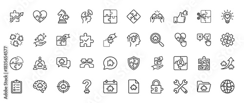 Business solution line icon set. Vector pictograms of puzzle pieces, strategy, teamwork, and planning, thin outline illustration.