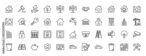 Real estate and house security line icon set. Vector pictograms of home, key, sale sign, car, and blueprints, thin outline illustration.