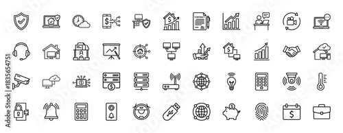 Business and cybersecurity line icon set. Vector pictograms of security, finance, networking, and smart home technology, thin outline illustration.