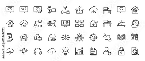 Business and technology line icon set. Vector pictograms of remote work, cloud computing, finance, and data management, thin outline illustration.