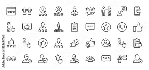 Customer experience and rating line icon set. Vector pictograms of feedback, review, checklist, and star awards, thin outline illustration.