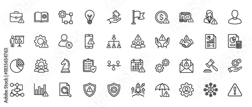 Business risk management line icon set. Vector pictograms of briefcase, calendar, shield, document, and gear, thin outline illustration.