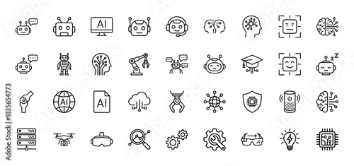 Artificial intelligence and robotics line icon set. Vector pictograms of machine learning, chatbot, cpu, and drone, thin outline illustration.
