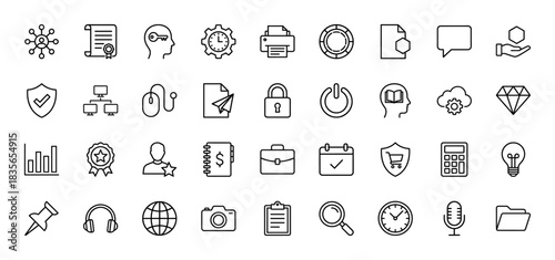 Business and office line icon set. Vector pictograms of networking, security, calendar, and analytics, thin outline illustration.