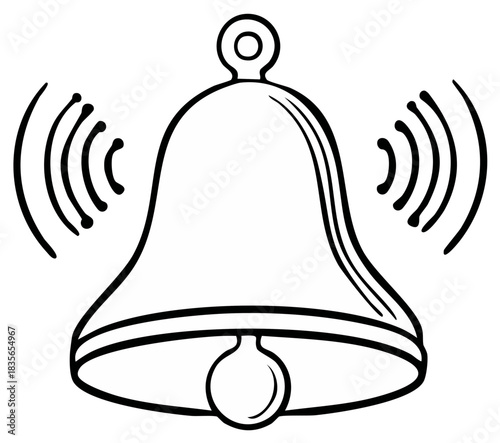 Ringing Bell with Sound Waves Illustration in Black and White Outline