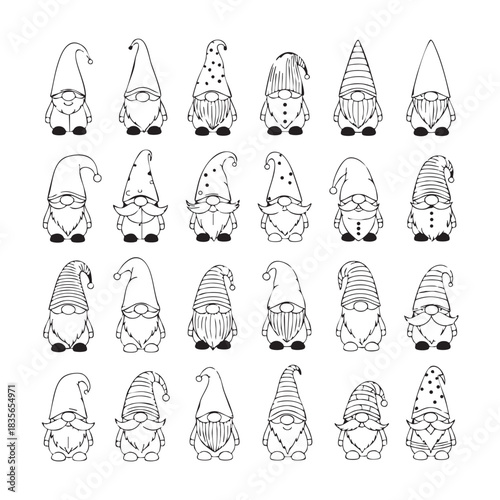 Collection of twenty four hand drawn gnomes with various hats and beards in black and white outline style