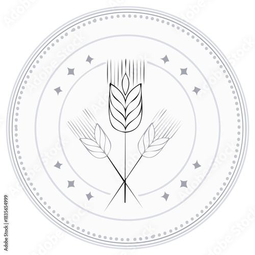 Wheat grain symbol inside a decorative coin-shaped frame with star accents, minimalistic design