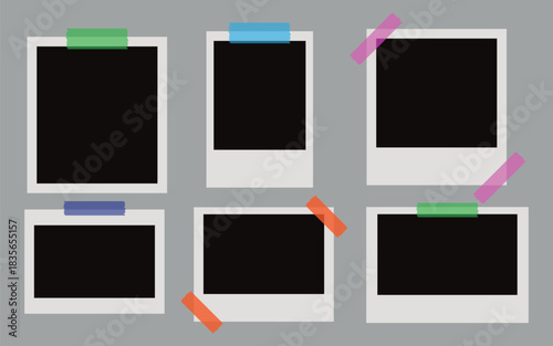 Polaroid Photo Frame Collection with Colorful Tape – Empty Retro Instant Frames – Vector Illustration