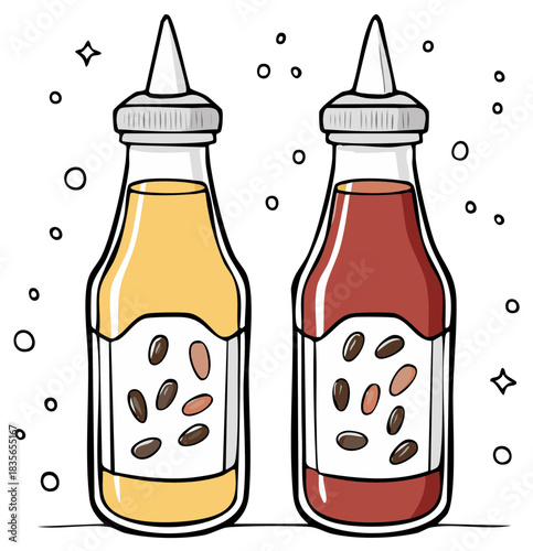 Cartoon illustration two squeeze bottles with chili sauce condiments hand drawn doodle style for food design