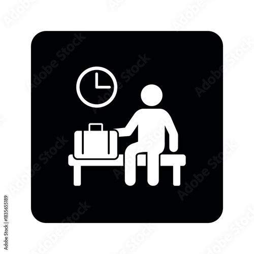 Waiting icon, waiting room vector flat design sign silhouette on white background. Clock, man, chair, travel case.  Man sitting with bag on chair.