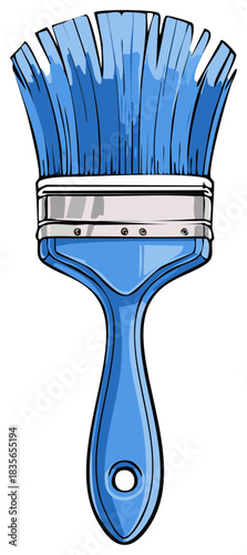 Illustration of a blue painting paintbrush with a silver ferrule and long handle