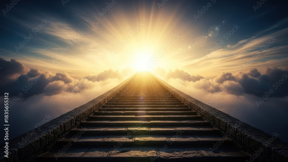 Fototapeta premium Majestic stone staircase ascends through ethereal clouds towards a glorious, bright sun