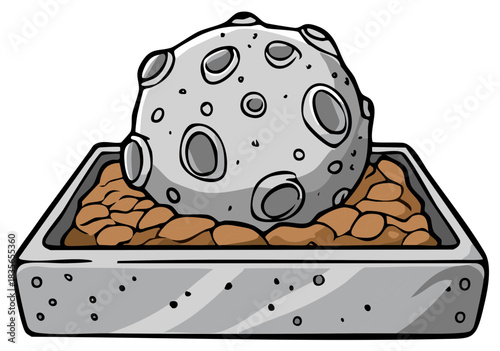 Surreal concept illustration of a moon planet with craters in a concrete planter box