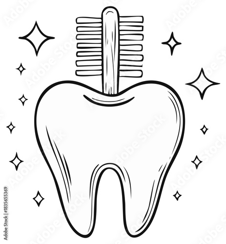 A sparkling clean tooth being brushed with a toothbrush, a black and white dental hygiene illustration