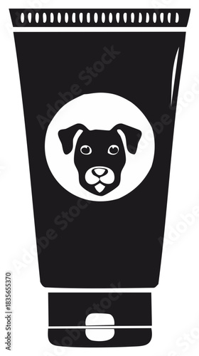 Graphic black and white tube with dog head silhouette icon for pet grooming products or veterinary care cream