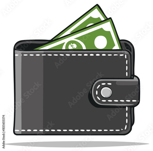 Cartoon illustration of a black wallet with banknotes sticking out