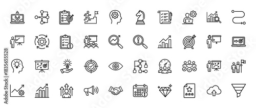 Business strategy and project management line icon set. Vector pictograms of target, chart, idea, and gears, thin outline illustration.