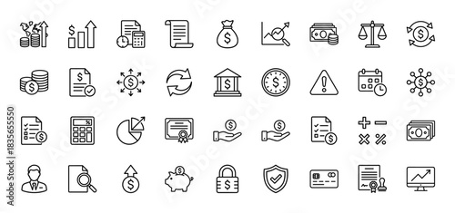 Finance line icon set. Vector pictograms of currency, document, chart, calculator, balance, and banking, thin outline illustration.
