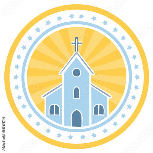 Light blue church with cross symbol and radiating sunrays inside a decorative circular frame