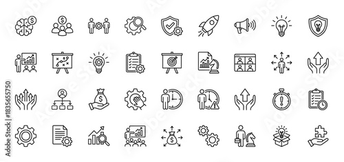Business and management line icon set. Vector pictograms of teamwork, strategy, finance, and success, thin outline illustration.