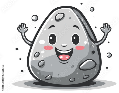 Friendly smiling asteroid with rosy cheeks and waving hands kawaii style space character illustration