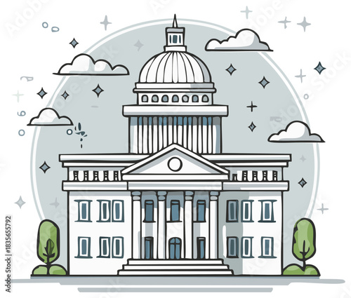 Whimsical Illustration of a Grand Government Building with Dome and Clouds, Representing Law and Political Institutions