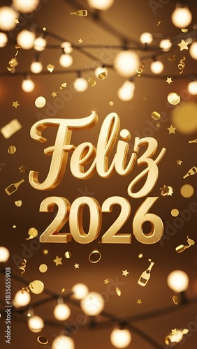 Letreiro dourado Feliz 2026 sobre confetes dourados e luzes festivas desfocadas
