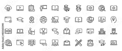 Education line icon set. Vector pictograms of graduation cap, computer, video player, books, and scholarship, thin outline illustration.