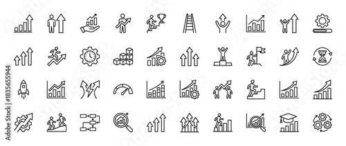 Business growth and success line icon set. Vector pictograms of career ladder, rocket, trophy, achievement, performance, chart and profit, thin outline illustration.