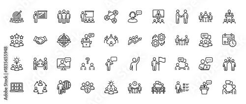 Business and corporate communication line icon set. Vector pictograms of teamwork, meeting, presentation, and collaboration, thin outline illustration.