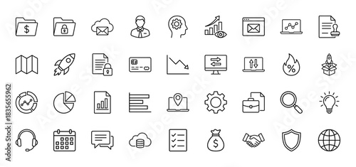 Business and finance line icon set. Vector pictograms of folder, security, analytics, and strategy, thin outline illustration.