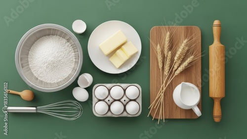 Overhead of baking essentials flour, eggs, butter, milk, wheat, tools on a green surface