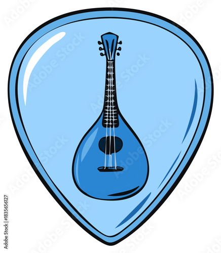 Stylized Blue Mandolin Graphic Contained within a Blue Plectrum Shape Illustration