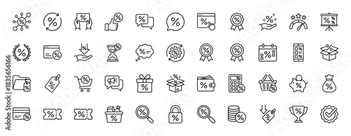 Discount and sale line icon set. Vector pictograms of percentage, shopping cart, coupon, tag, and trophy, thin outline illustration.