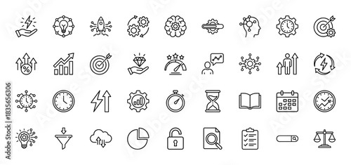 Business and strategy line icon set. Vector pictograms of clock, gear, analytics, data, growth, and idea, thin outline illustration.