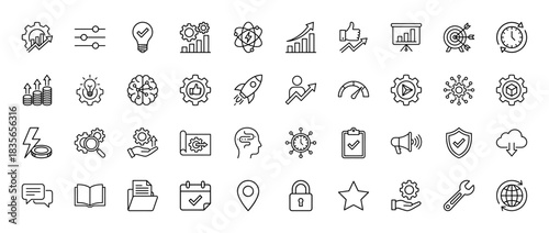 Business and productivity line icon set. Vector pictograms of settings, growth chart, target, rocket, security, and planning, thin outline illustration.