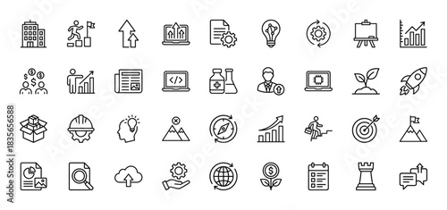 Business and startup line icon set. Vector pictograms of growth, strategy, analysis, and innovation, thin outline illustration.
