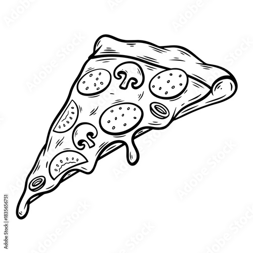 Hand drawn pizza slice, monochrome engraving, line art style vector illustration isolated on white background	