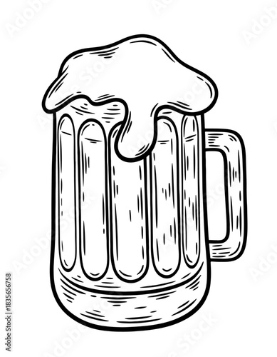 Hand drawn beer mug with foam, monochrome engraving, line art style vector illustration isolated on white background	