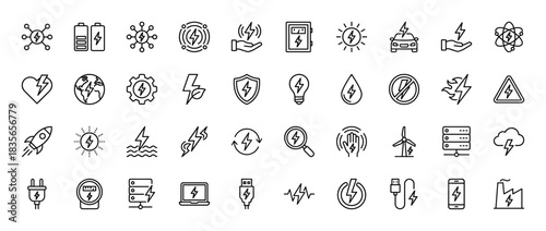 Electricity and energy line icon set. Vector pictograms of lightning bolt, battery, power plug, and wind turbine, thin outline illustration.