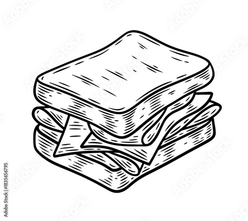 Hand drawn sandwich with cheese and ham, monochrome engraving, line art style vector illustration isolated on white background	