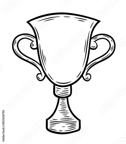 Hand drawn trophy, monochrome engraving, line art style vector illustration isolated on white background	