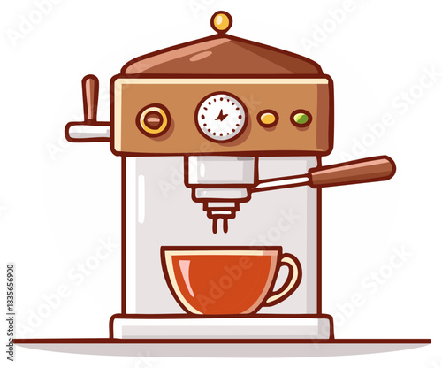 Cartoon Espresso Machine Brewing a Fresh Cup of Coffee Illustration