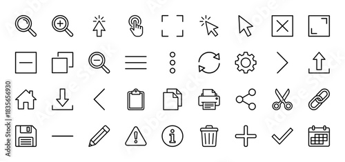 Interface design line icon set. Vector pictograms of zoom, upload, home, save, and settings, thin outline illustration.