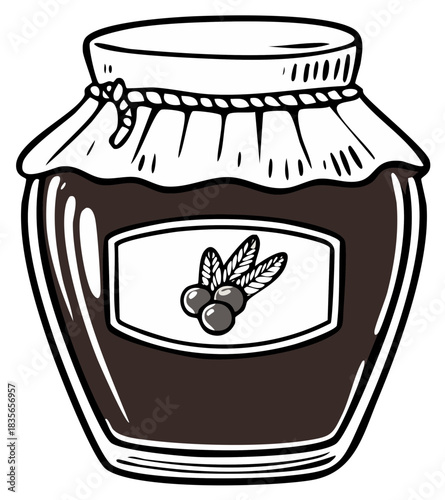 Hand drawn cartoon illustration of a glass jar with homemade berry jam or preserves
